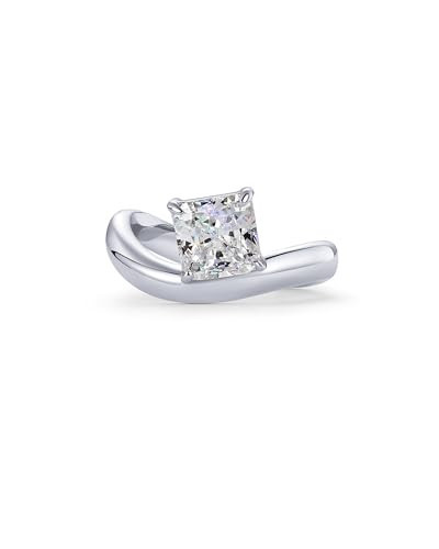 PAVOI Rhodium Plated Premium Cubic Zirconia Square Solitaire Engagement Ring for Women - Unique Wavy Band - Fake Wedding Ring - Size 5 | Amazon (US)