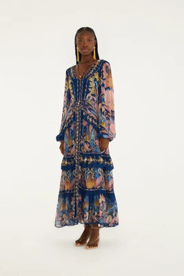 Navy Blue Sea Garden Braid Details Maxi Dress | FarmRio (US)