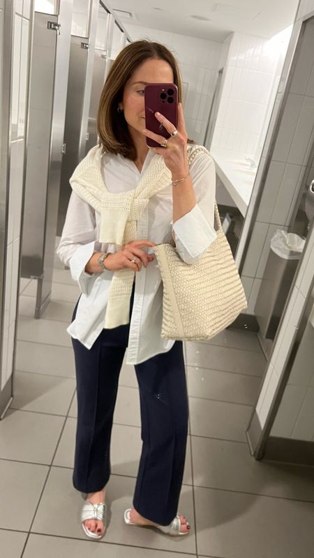 Travel outfit 
STAUD navy kick flare pant
White button up from classic six
Silver metallic slide sandals
Ivory woven leather tote madewell
Open knit pull over Varley 

#LTKtravel #LTKfindsunder100 #LTKstyletip