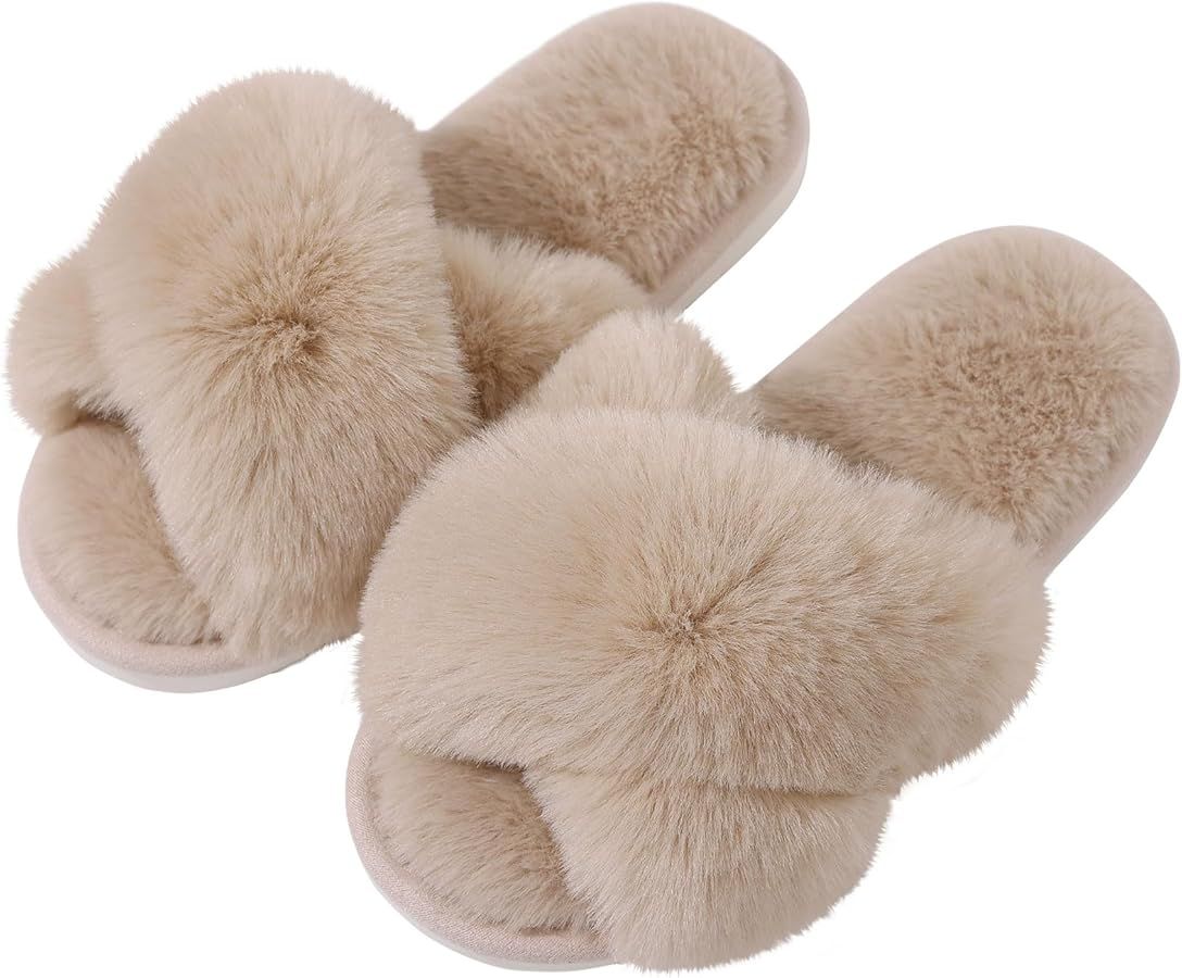 Evshine Women's Fuzzy Slippers Cross Band Memory Foam House Slippers Open Toe | Amazon (US)