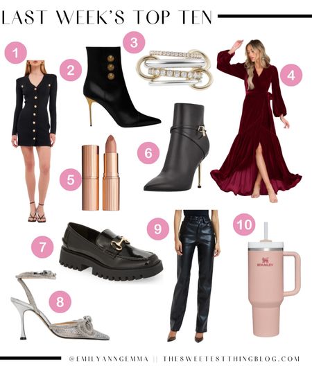 Last Week's Top Ten, Emily Gemma Bestsellers, Balmain Booties, Balmain Booties Dupe, Red Velvet Dress, Black Dress, Black Dress with Gold Buttons, Faux Leather Pants, Loafers, Lipstick, Spinelli Kilcoin, Stacked Ring, Diamond Ring, Holiday Gifts, Gifts for her, emily ann Gemma 
