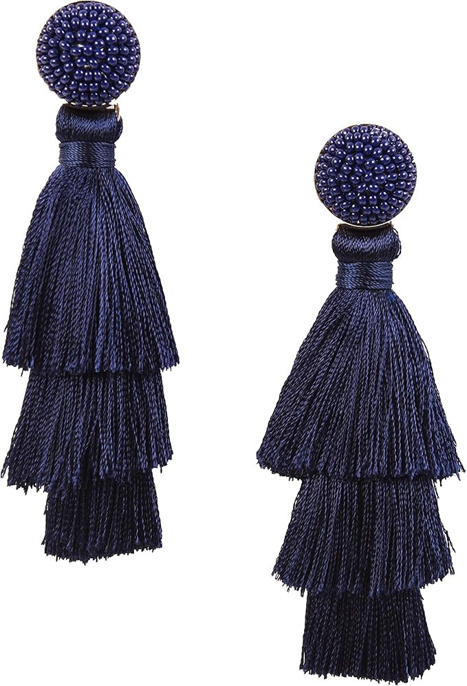 RIVERTREE Womens Layered Tassel Earring Beaded Boho Statement Fringe 3 Tiered Long Vintage Chande... | Amazon (US)
