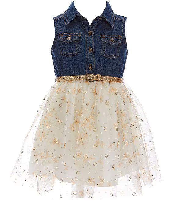 Little Girls 2T-6X Sleeveless Denim-Bodice/Printed Mesh Skirted Fit-And-Flare Dress | Dillard's