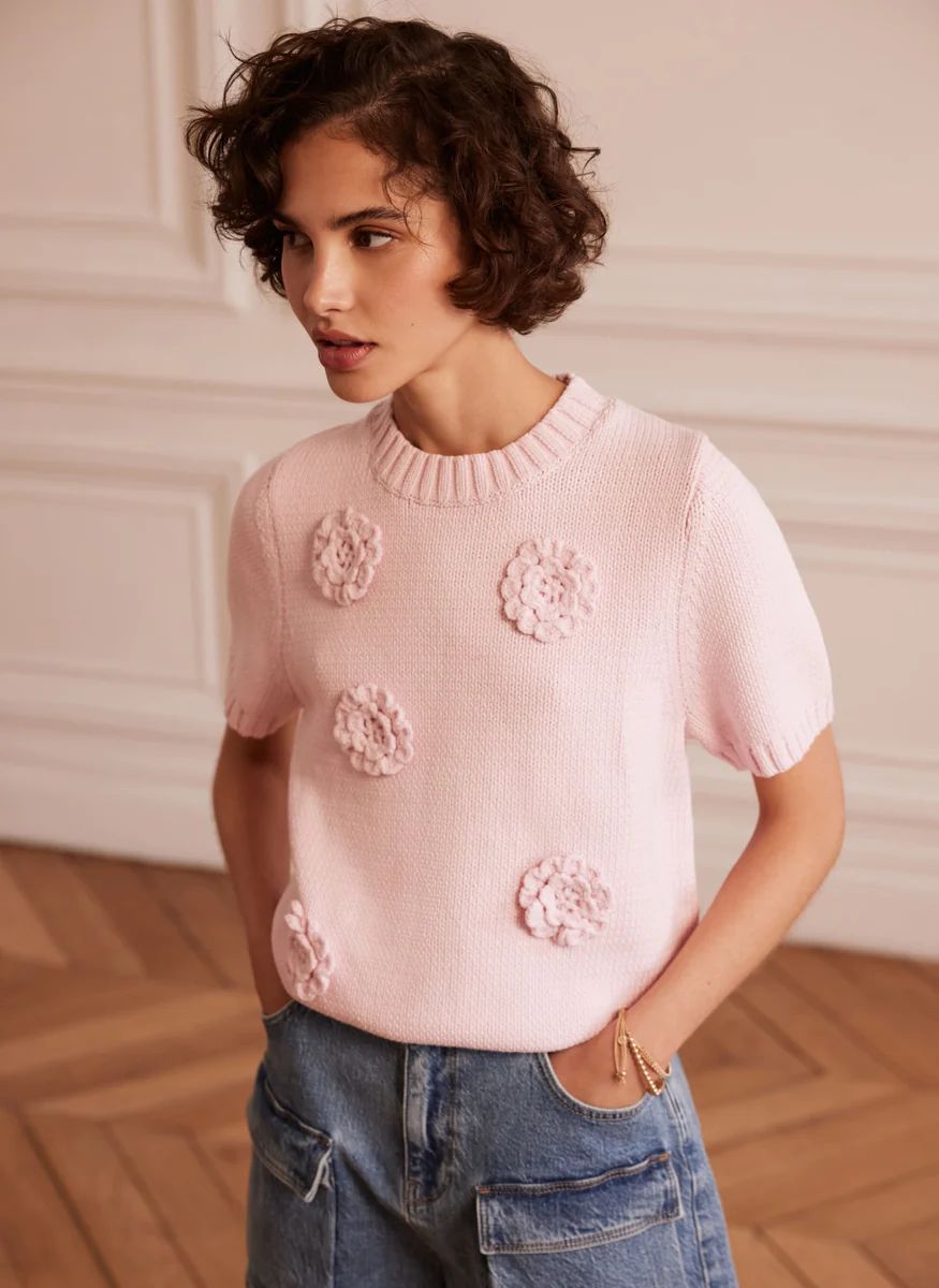 Pink Cotton Blend Flower Knit T-Shirt | Mint Velvet