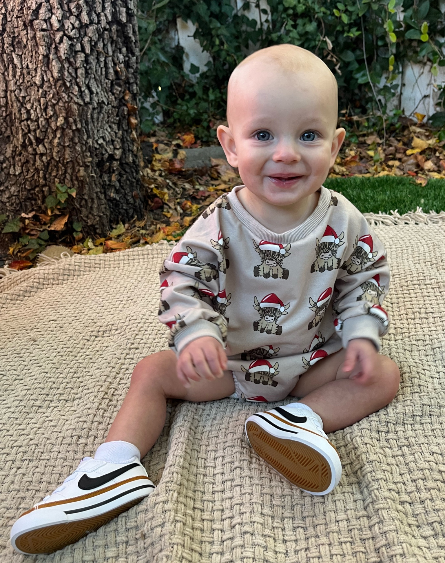 Christmas baby boy outfit 
10 months old 
Romper: 12 months 
Shoes: size 4 

#LTKBaby #LTKKids #LTKFamily