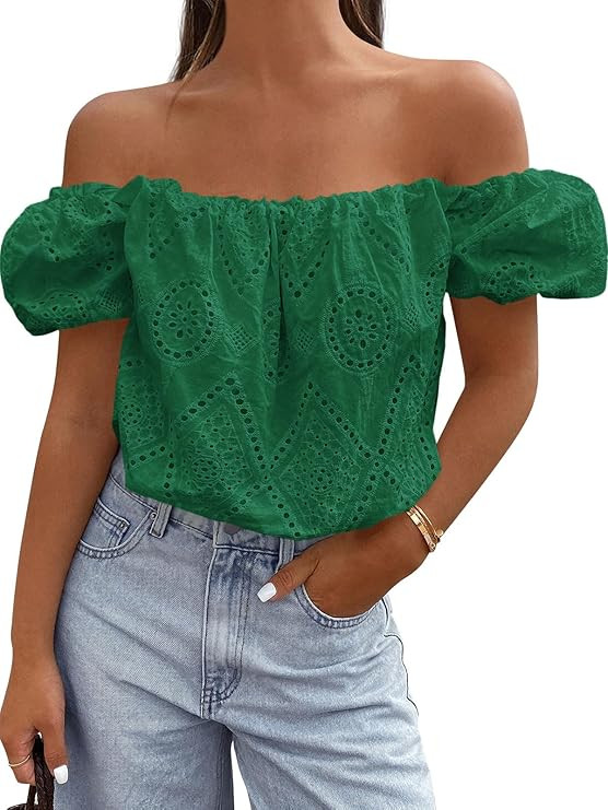 PRETTYGARDEN Women's Summer Off The Shoulder Tops 2026 Dressy Casual Puff Short Sleeve Embroidere... | Amazon (US)