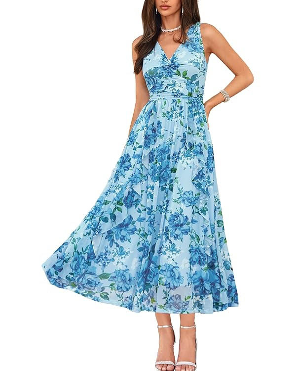 GRACE KARIN Women's Summer Sleeveless Floral Maxi Dress V Neck Formal Wedding Guest Dress A Line ... | Amazon (US)
