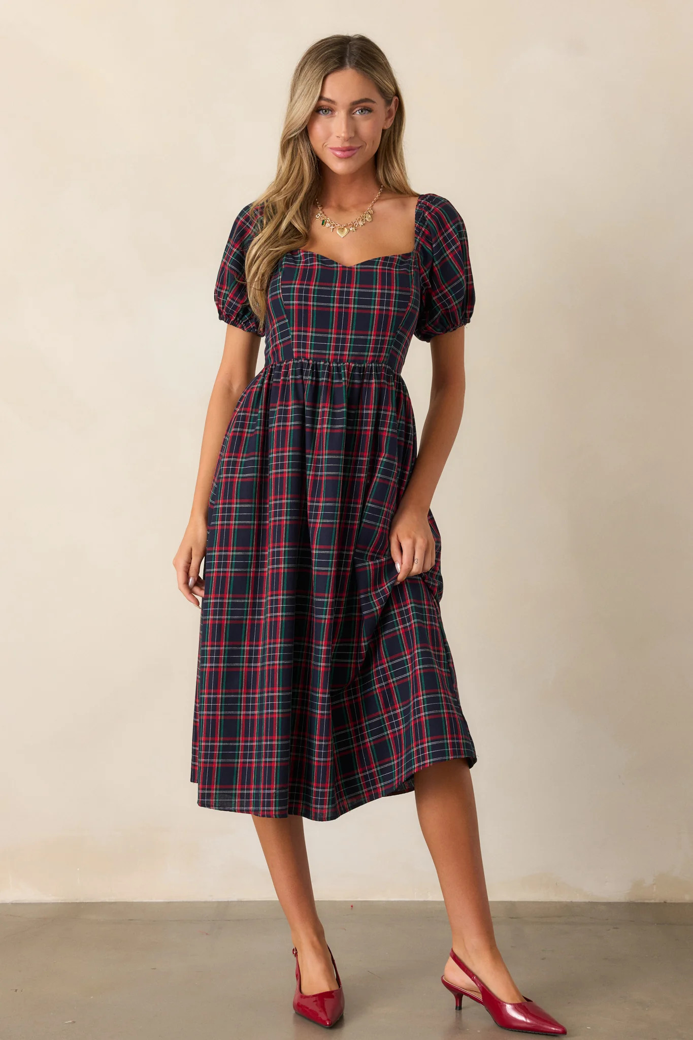Always You 100% Cotton Navy Plaid Puff Sleeve Midi Dress | Red Dress
