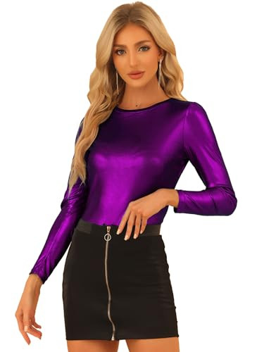 Allegra K Women's Long Sleeve Tops Sparkly Glitter Shiny Metallic Tops Large Purple | Amazon (US)