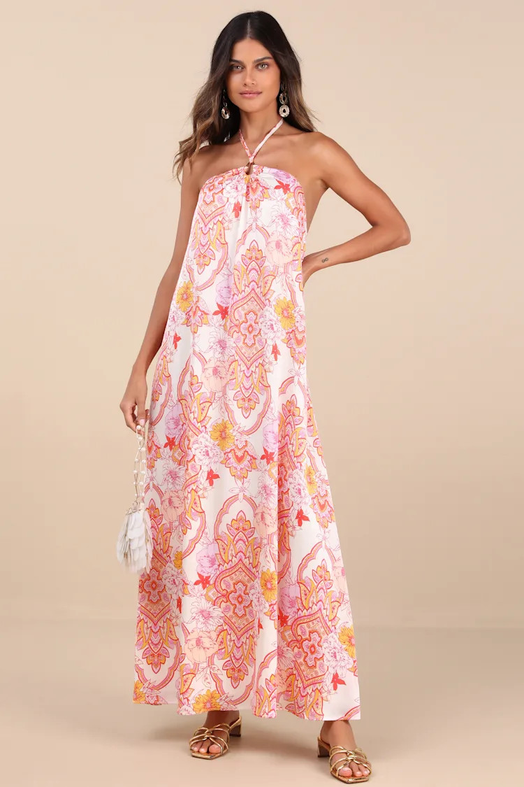 Nikoletta Coral Pink Multi Paisley Print Halter Maxi Dress | Lulus