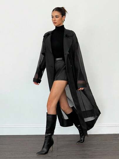 SHEIN Tall 2025 New Women's Transparent Organza Long Sleeve Tie-Front Windbreaker Jacket, Minimalist Fashion Casual Daily Wear, Elegant Outerwear, Suitable For Spring/Summer, Valentine's Day Black Coverup Sheer Coat In Fall/Winter | SHEIN