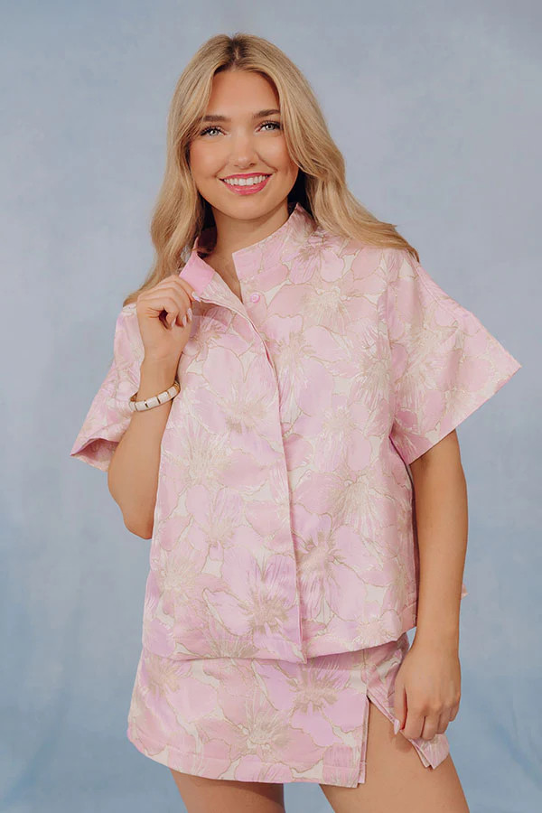 Hibiscus Holiday Floral Jacquard Button Up Top | Impressions Online Boutique