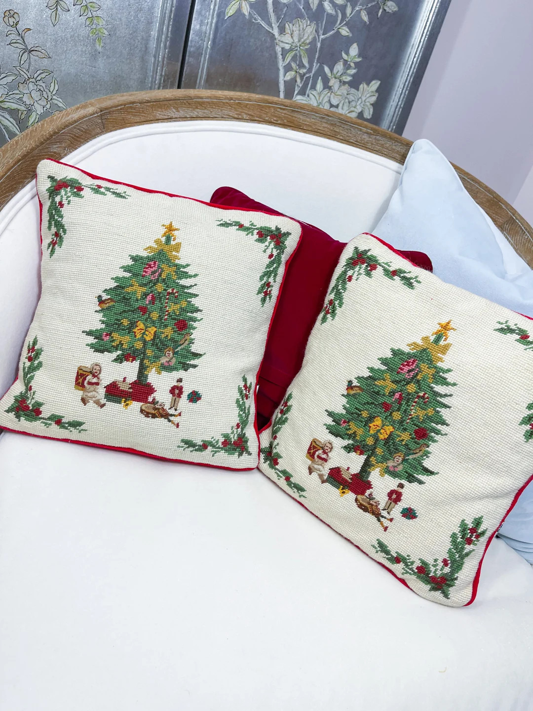 Set of 2 Vintage Christmas Tree Needlepoint Pillows With - Etsy | Etsy (US)