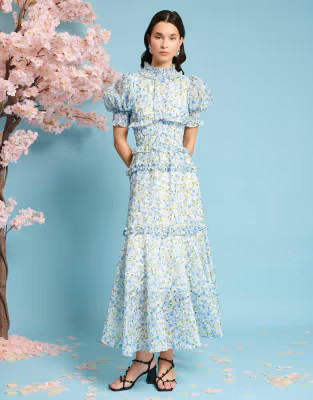 Sister Jane shirred floral midaxi dress in blue | ASOS (Global)