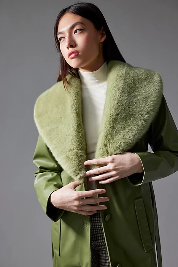 UO Finn Faux Fur & Faux Leather Trench Coat | Urban Outfitters (US and RoW)