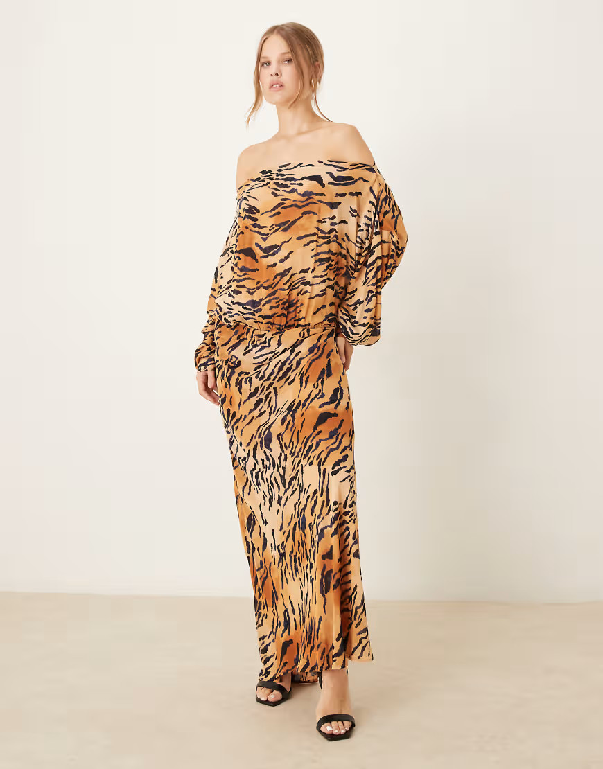Never Fully Dressed plisse off shoulder maxi dress in tiger print-Orange | ASOS (Global)