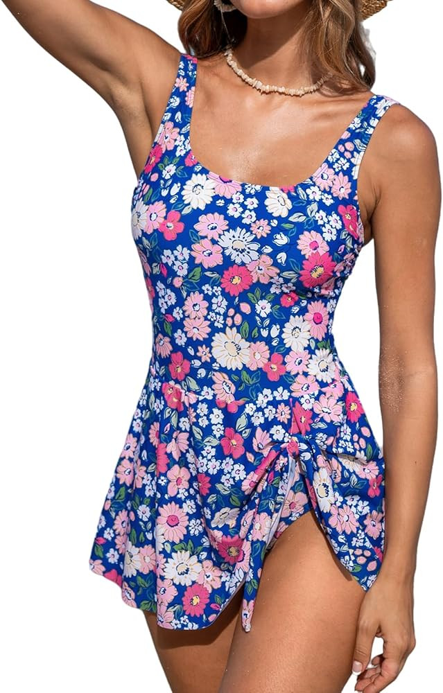 CUPSHE Women's One Piece Swimsuit Bathing Suit Scoop Neck Swimdress Wide Straps Tie Knot Swim Ski... | Amazon (US)