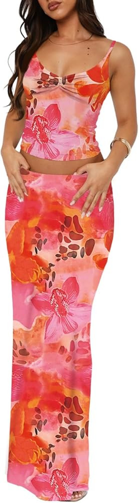 Two Piece Skirt Set for Women - Sexy 2 Pc Sleeveless Spaghetti Strap Pleated Tank Top Maxi Long S... | Amazon (US)