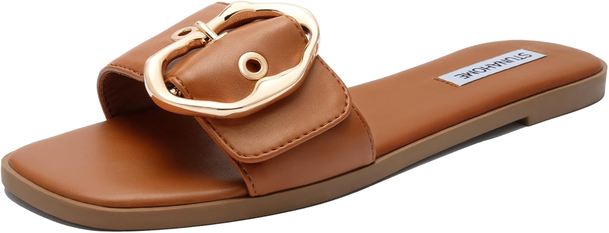 STUNAHOME Flat Sandals Women Fashion Slides With Soft Leather Paired with Metal buckle Slippers | Amazon (US)