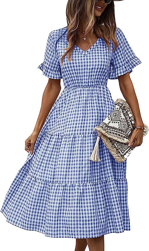 ECOWISH Womens Plaid Dress Short Sleeve V Neck Casual Midi Dresses Flowy Swing Shift Gingham Dres... | Amazon (US)