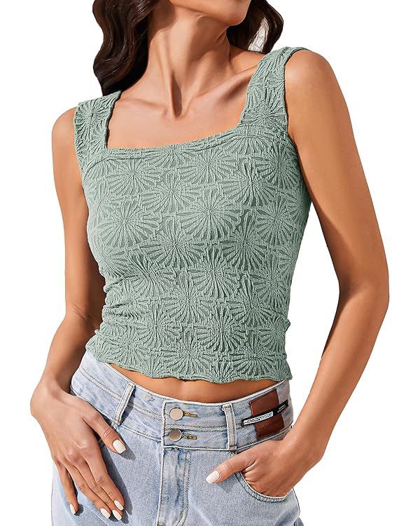 Ziesexy Cropped Tank Tops for Women Square Neck Wide Straps Crop Tank Tops Backless Lettuce Trim ... | Amazon (US)