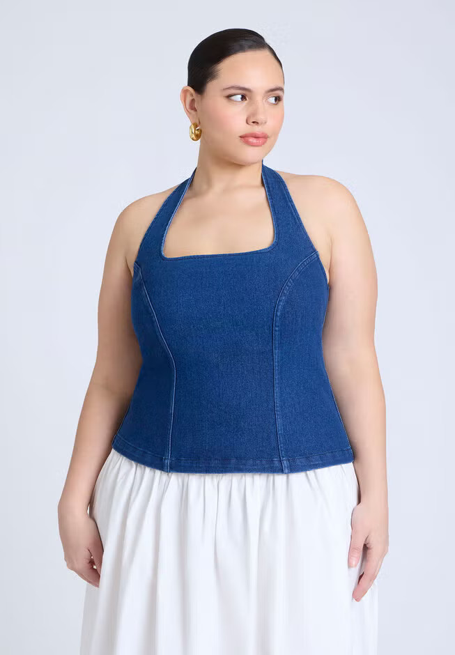 Comfort Stretch Denim Halter Top | Eloquii