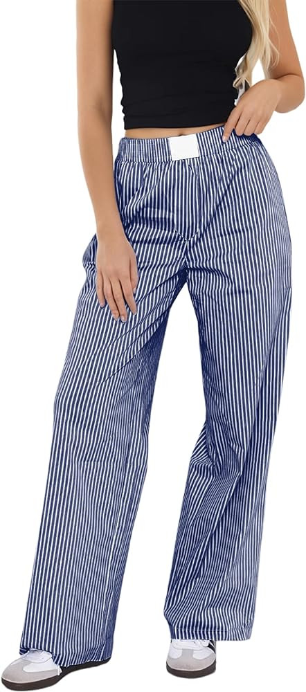 Womens Y2K Striped Lounge Pants Low Rise Elastic Waist Pajamas Pants Casual Loose Wide Leg Trouse... | Amazon (US)