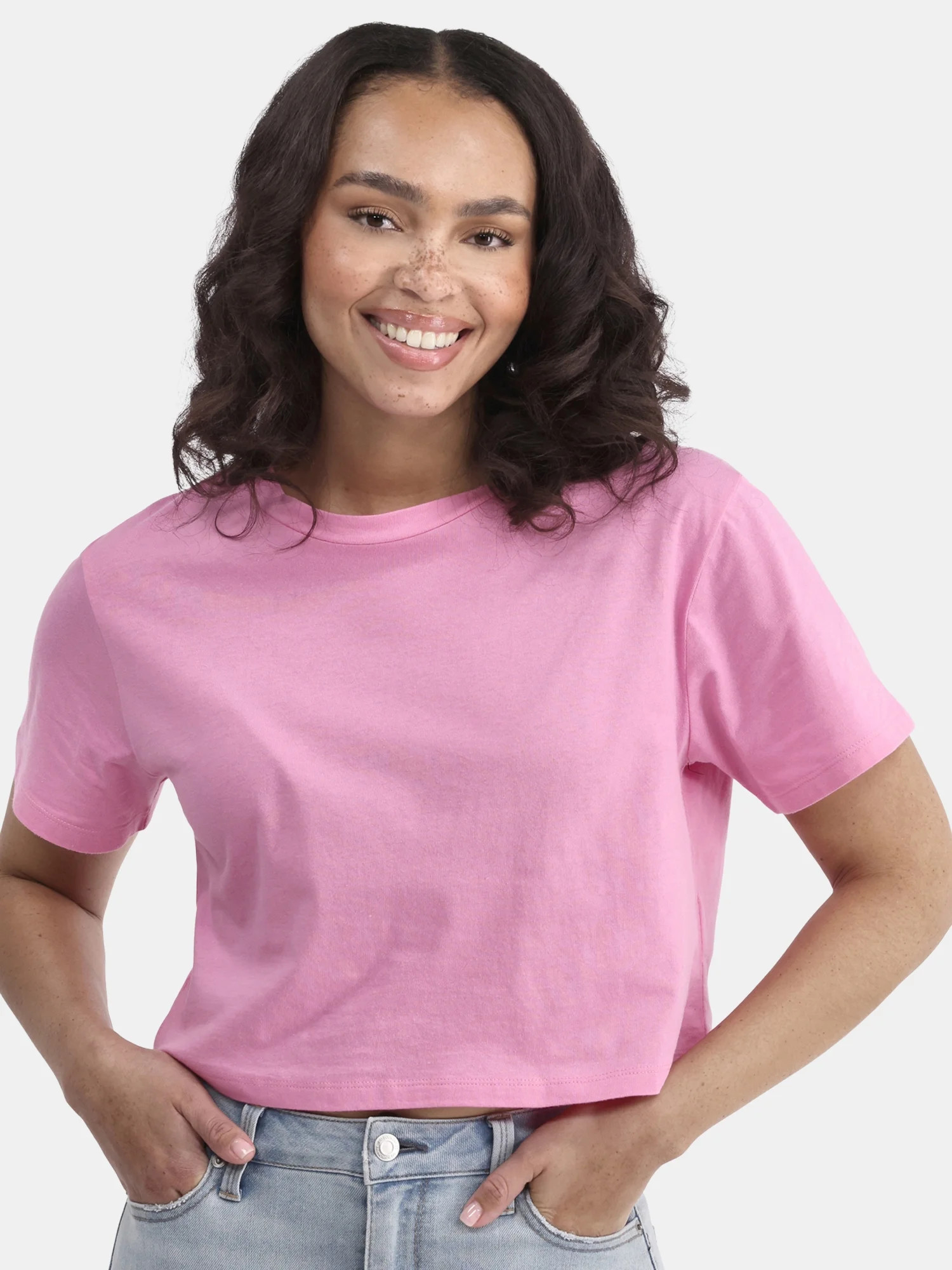 No Boundaries Cropped Boxy Cotton Tee with Short Sleeves, Women's | Walmart (US)
