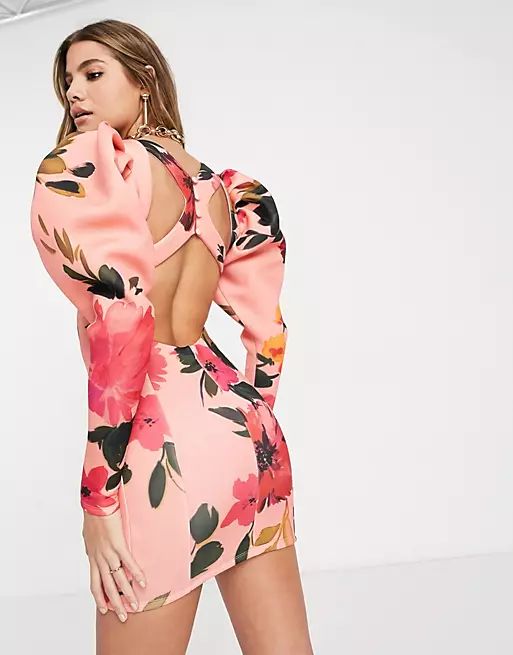 ASOS DESIGN statement sleeve cut out mini dress in floral print | ASOS (Global)
