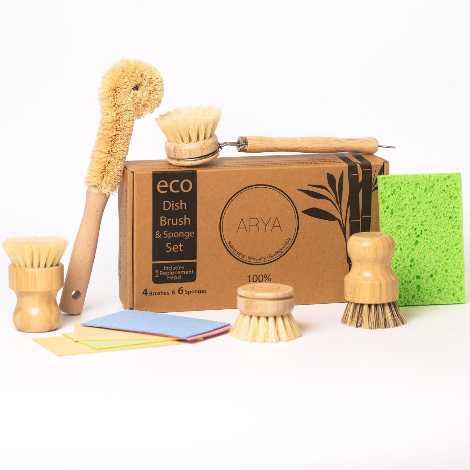 ARYA. | Eco Dish Brush Set | 4 Kitchen Washing Up Brushes & One Replacement Head | Bamboo & Natural Fibers | Eco Friendly Wooden Pot Brush Scourer Scrubber Sponge Alternative | Amazon (UK)