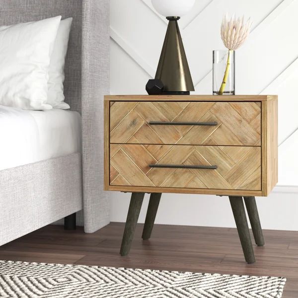 Analeah 24'' Tall 2 - Drawer Solid Wood Nightstand in Oak Natural/Black | Wayfair North America