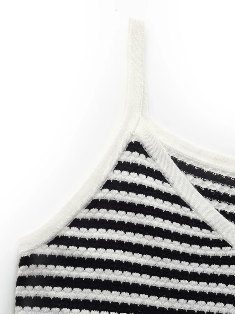 Tencel Beige And Black Stripe Women Knit Strap Maxi Dress | GOELIA