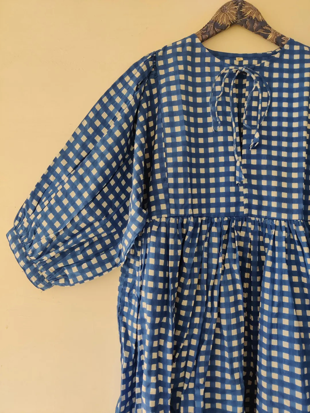 Block Print Cotton Gauze Dress: Deep Neck Midi Mini Dress - Etsy | Etsy (US)