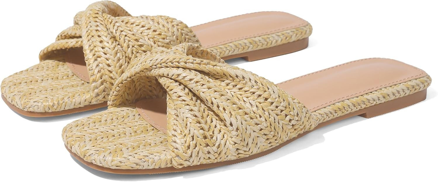 EQAUDES Raffia Flat Sandals for Women Straw Woven Braided Twist Slip On Slides - Summer, Open Toe... | Amazon (US)