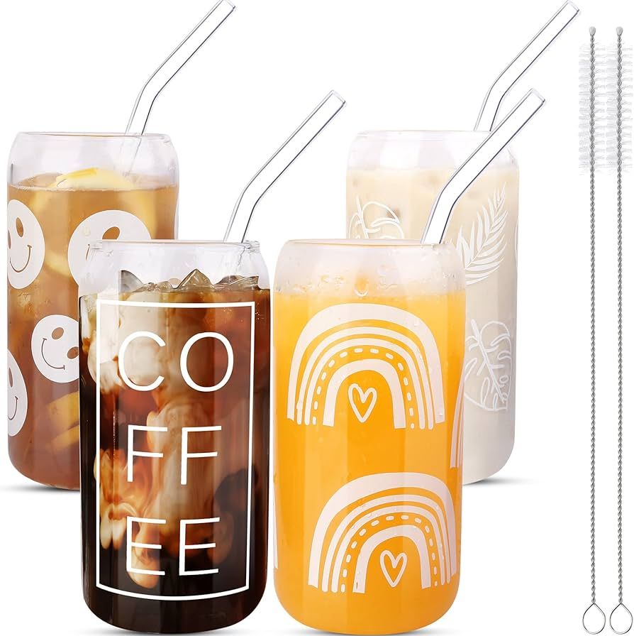 KAUND 4 PCS Ice Coffee Cup with Glass Straw,16oz Sublimation Boho Printed Beer Can Glasses,Ideal ... | Amazon (US)