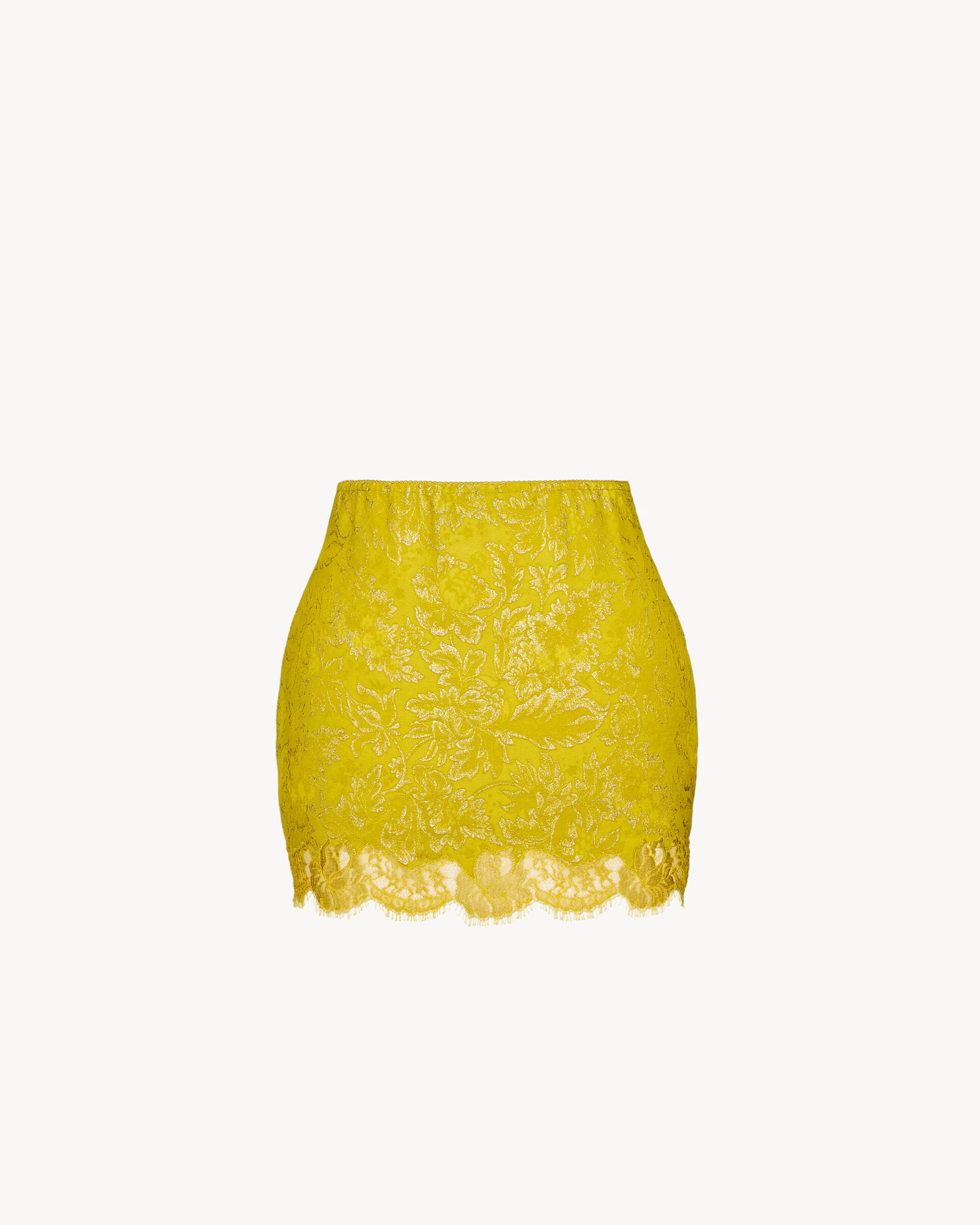 mini skirt with an elasticized waist, decorated with a metallic floral jacquard motif and scallop... | Saint Laurent Inc. (Global)