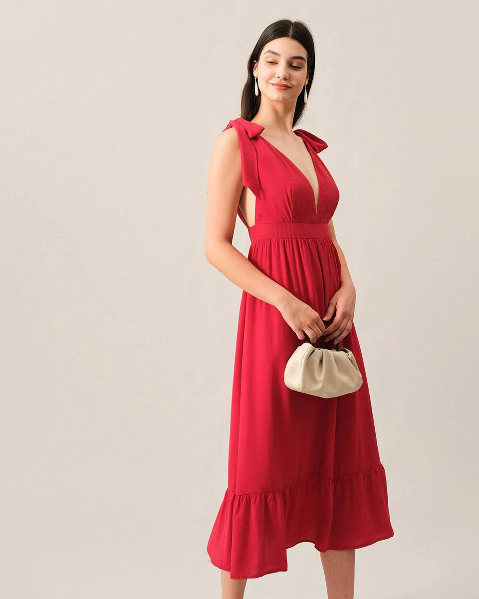 The Tie Shoulder Plunge-Neck Dress & Reviews - Red - Dresses | RIHOAS | rihoas.com