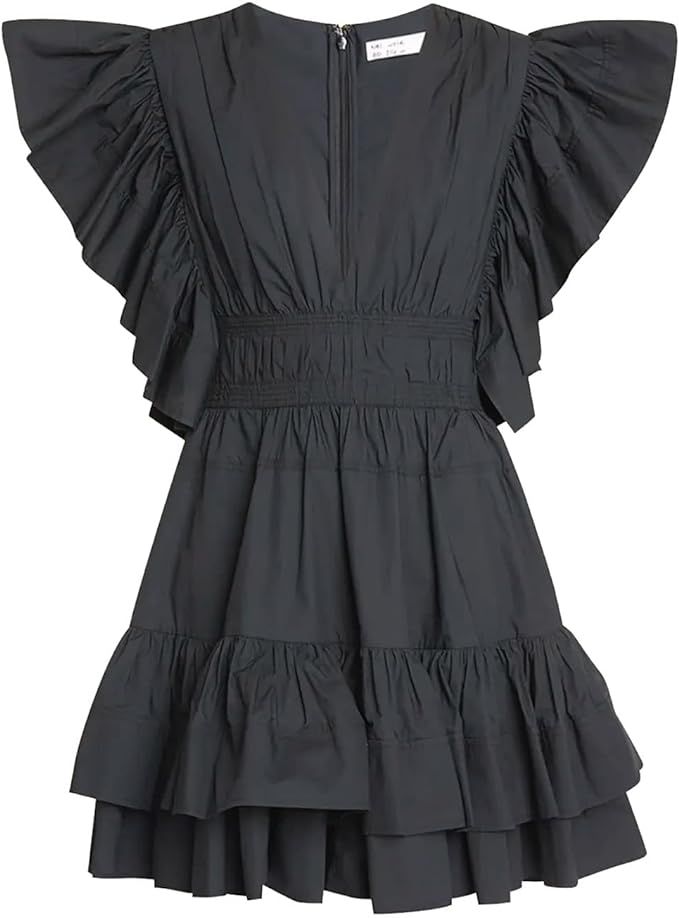 Ulla Johnson Women's Black Solid Cotton Kiri Tiered-Ruffle Mini Cotton Poplin Dress | Amazon (US)