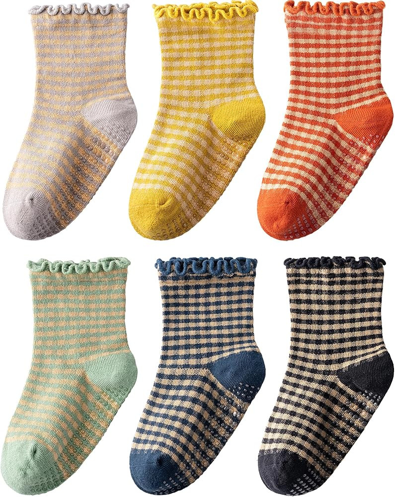 HONGTEYA 6 Pairs Toddler Ruffle Socks for Girls Non Slip Baby Socks with Grips for 1-2 Years 3-4 ... | Amazon (US)