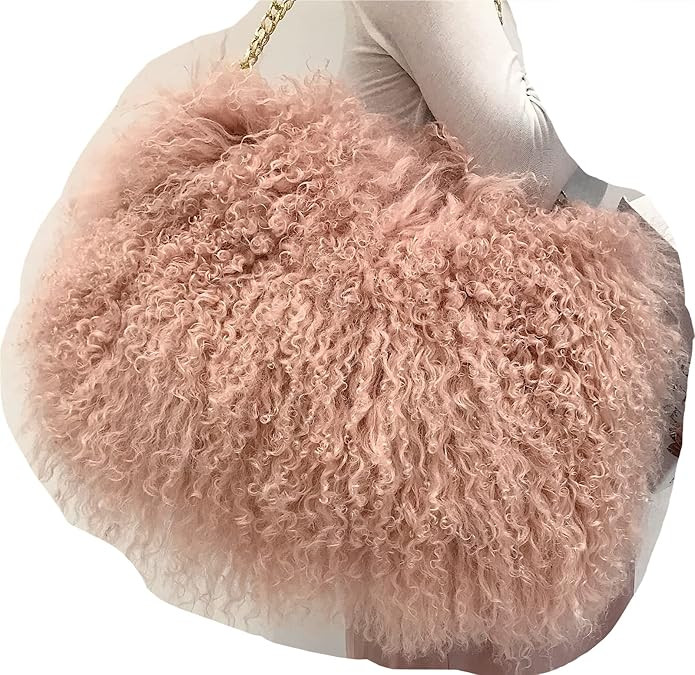 ME-01 Big Fluffy Handbag With Real Mongolian Lamb Fur Luxury Shoulder Bag Furry Clutch For Women | Amazon (US)