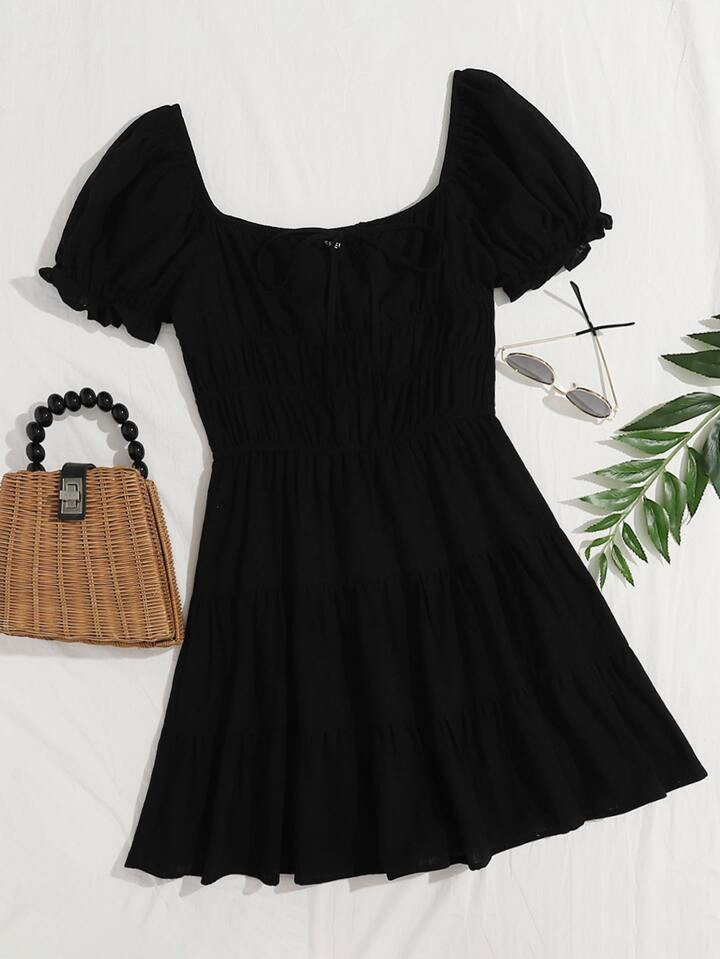 SHEIN WYWH Preto Babado Simples Fofo Vestido | SHEIN
