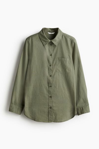 Linen-blend shirt - Khaki green - Ladies | H&M GB | H&M (UK, MY, IN, SG, PH, TW, HK)