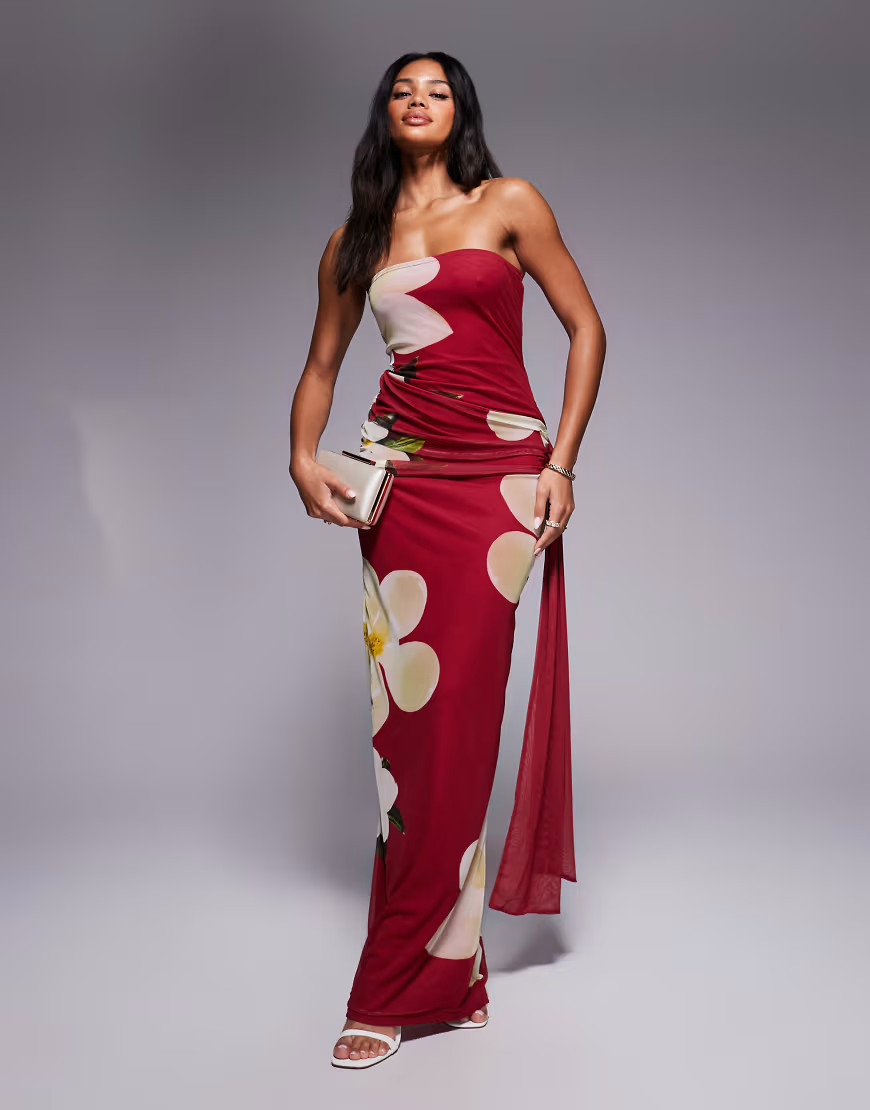 Kaiia exclusive double layered slinky bandeau drape tie side maxi dress in red floral | ASOS (Global)