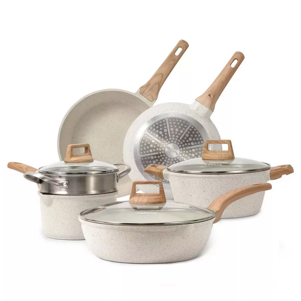 CAROTE 12 Pcs Pots and Pans Set Nonstick Cookware Sets Induction Cookware,  White Granite Non Stick Cooking Set w/Frying Pans & Saucepans(PFOS, PFOA  Free) 