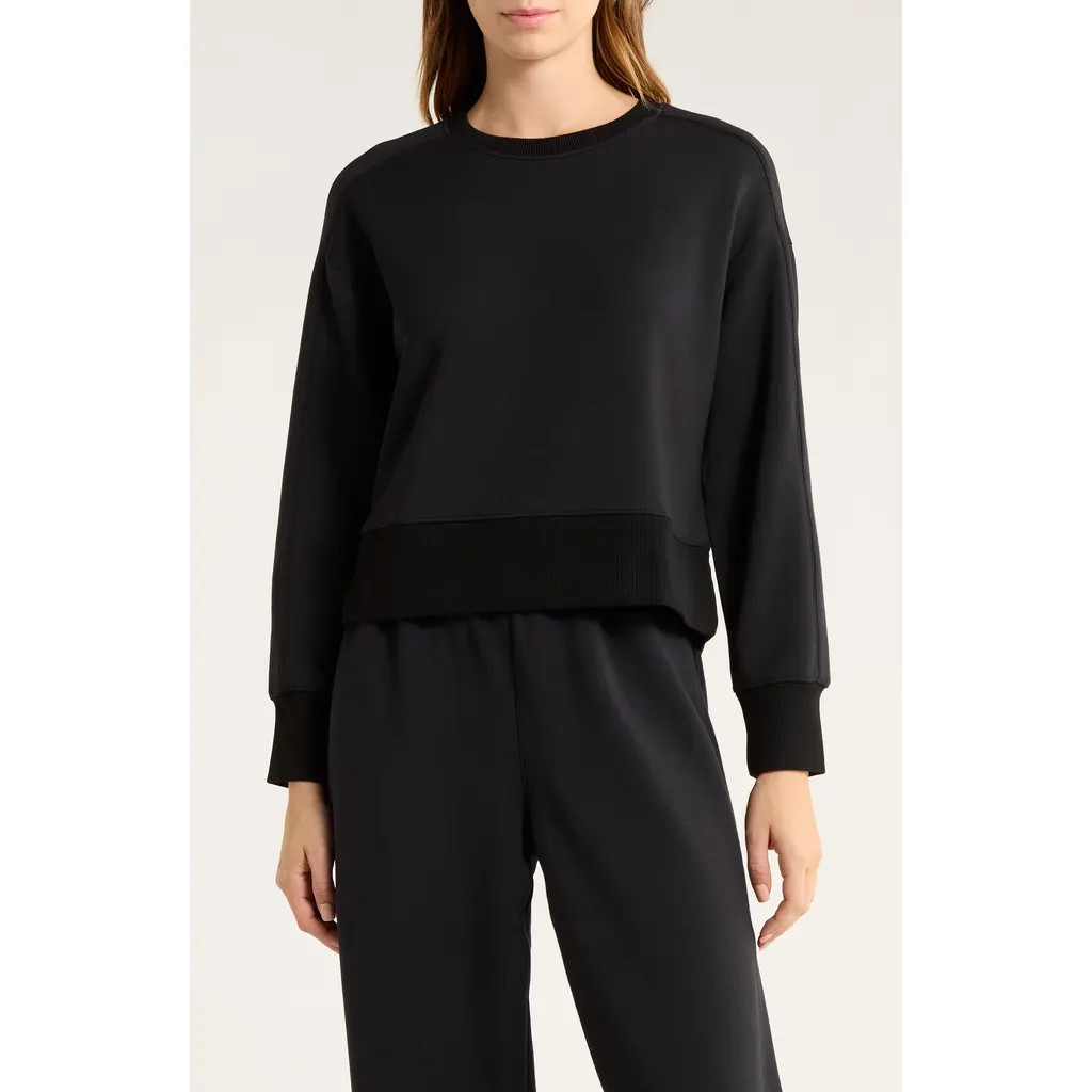 SPANX® AirEssentials® Luxe Crop Crewneck Sweatshirt in Very Black at Nordstrom, Size X-Small | Nordstrom