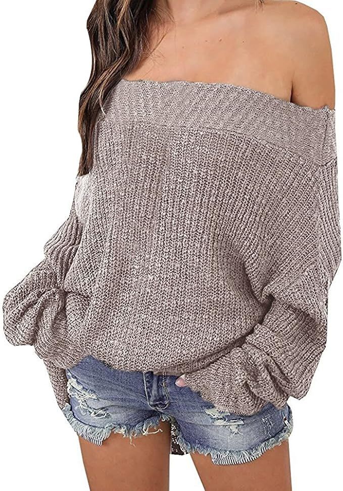 EXLURA Women's Off Shoulder Sweater Batwing Sleeve Loose Oversized Pullover Knit Jumper | Amazon (US)