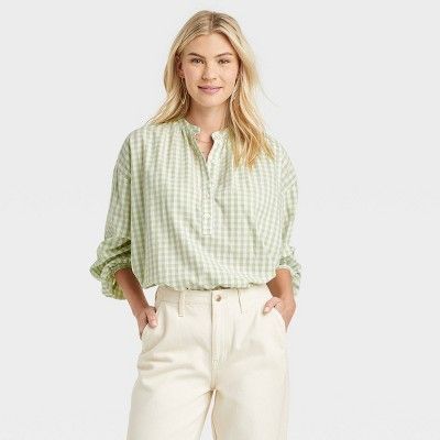 Women&#39;s Balloon Long Sleeve Poet Blouse - Universal Thread&#8482; Green Check XS | Target