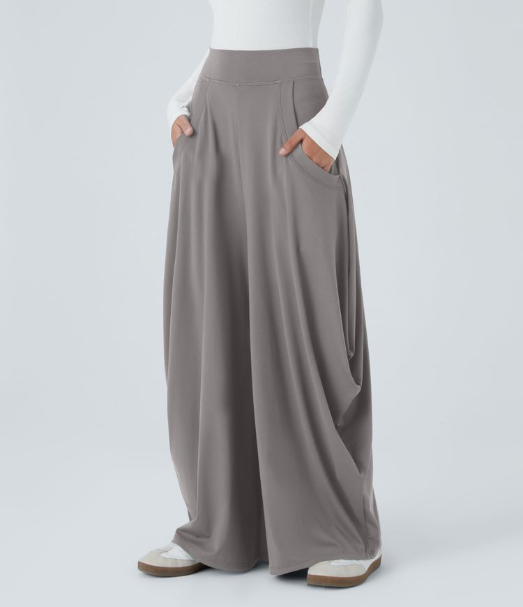 Women’s Mid Rise Multiple Pockets Draped Wide Leg Casual Pants - Halara | HALARA