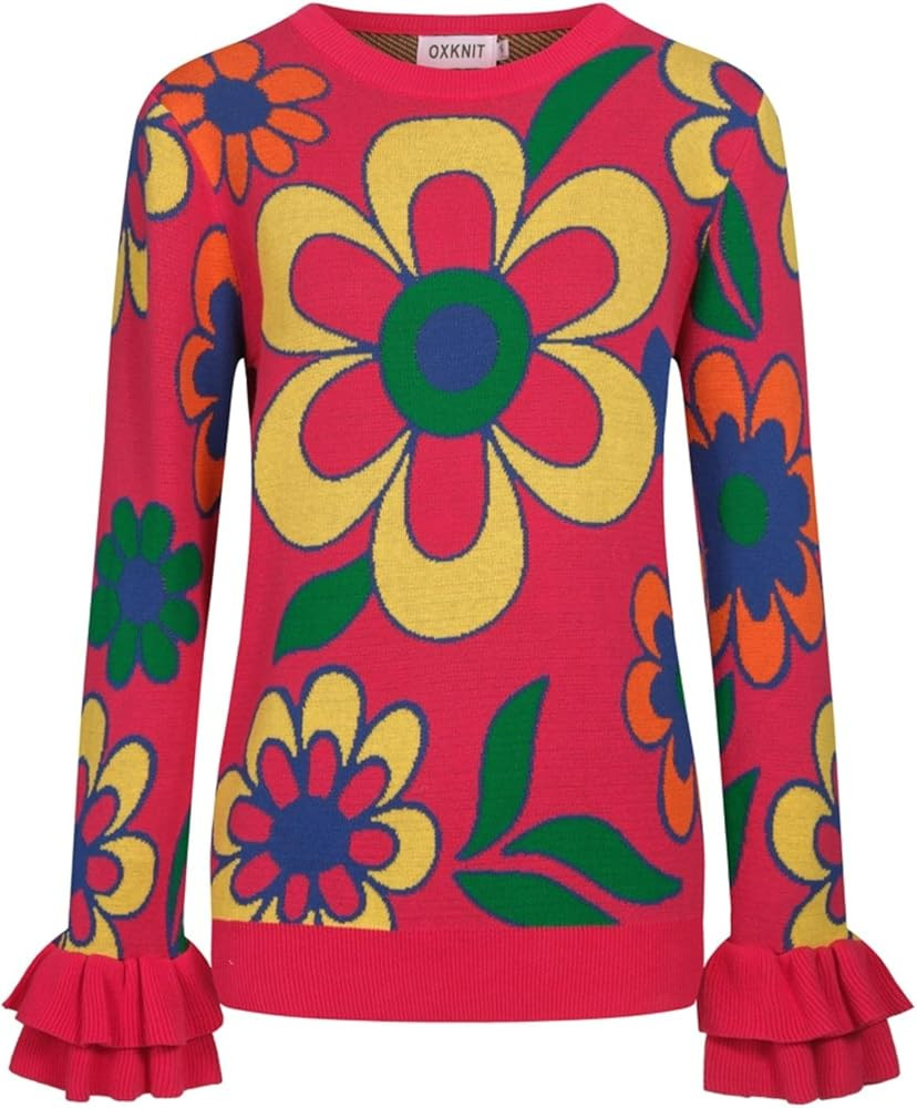 OXKnit Knit Long Sleeves Sweaters for Women, Retro Floral Pattern Crewneck Ruffled Design Cotton ... | Amazon (US)