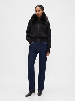 CashSoft Faux-Fur Collar Zip Cardigan Sweater | Gap (CA)